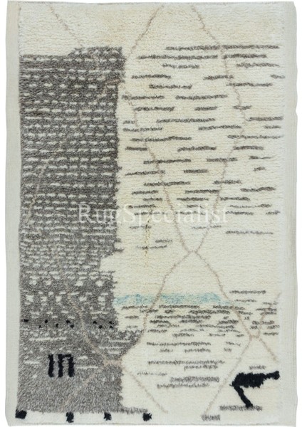 122 x 176 cm Modern El Yapımı Fas Berberi Tülü Halısı, Bej ve Gri, Yün