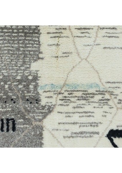 122 x 176 cm Modern El Yapımı Fas Berberi Tülü Halısı, Bej ve Gri, Yün
