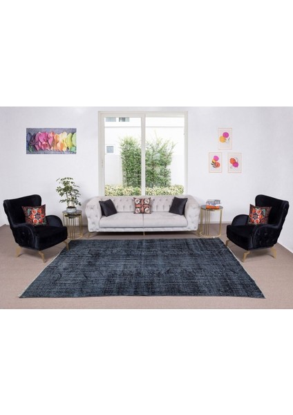 227 x 310 cm El Dokuması Yeniden Boyanmış Eski Türk Halısı, Modern Siyah El Yapımı Yünlü Halı