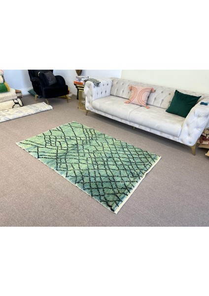 125 x 185 cm El Dokuması Uzun Tüylü Yeşil Shaggy Tülü Halı, Yün, Özel Seçenekleri Mevcut. D905 indirimleri