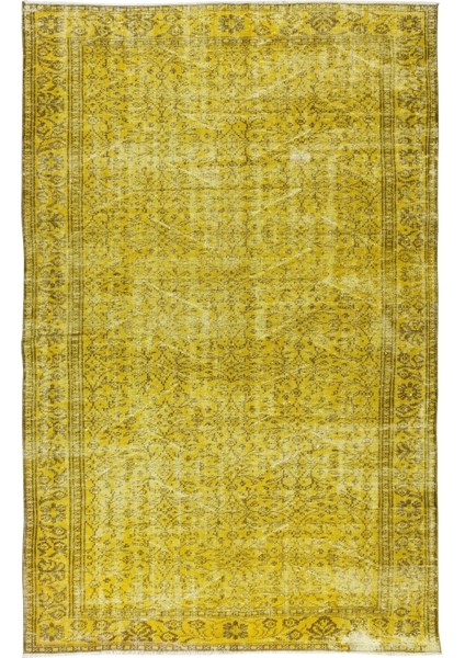 182 x 278 cm El Dokuması Yeniden Boyanmış Eski Türk Halısı, Modern Sarı El Yapımı Yünlü Halı