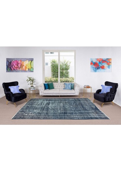 188 x 305 cm El Dokuması Yeniden Boyanmış Eski Türk Halısı, Modern Mavi El Yapımı Yünlü Halı