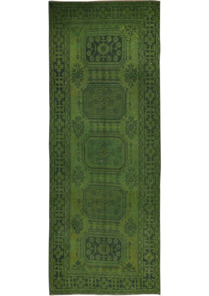 138 x 353 cm El Düğümlü Yeşil Halı, Dekoratif El Dokuması Yün ve Pamuktan Yapılmış Yolluk Halı