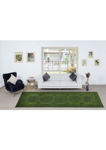 138 x 353 cm El Düğümlü Yeşil Halı, Dekoratif El Dokuması Yün ve Pamuktan Yapılmış Yolluk Halı