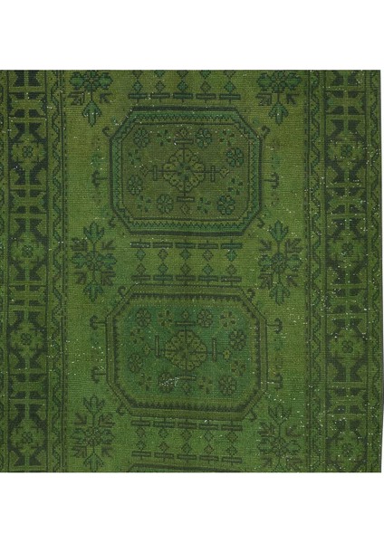 138 x 353 cm El Düğümlü Yeşil Halı, Dekoratif El Dokuması Yün ve Pamuktan Yapılmış Yolluk Halı