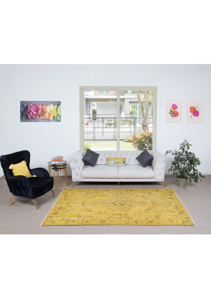 164 x 261 cm Sarı Halı, Yenilenmiş Türk Halısı, Modern El Dokuması Halı fiyatları