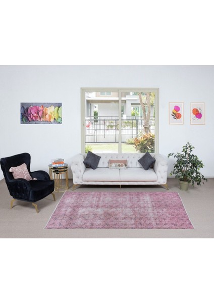 162 x 257 cm , Yenilenmiş Pembe El Yapımı Halı, Modern Yün ve Pamuktan Yapılmış Eski Halı