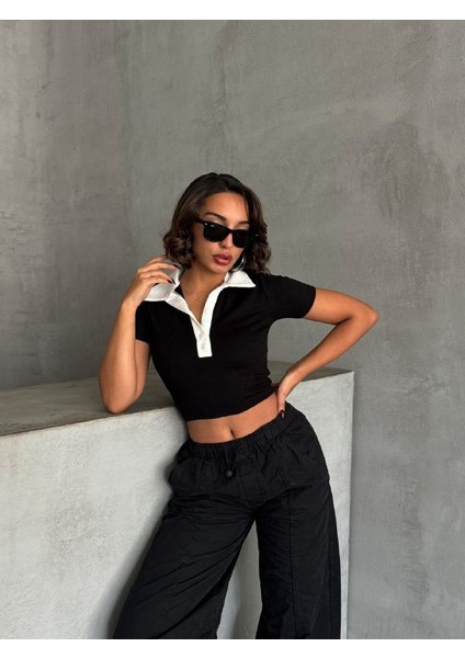 Bürümcük Kumaş Polo Yaka Düğmeli Kısa Crop Bluz