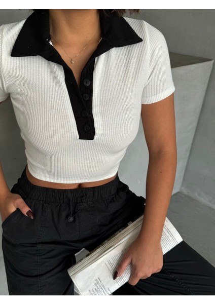 Bürümcük Kumaş Polo Yaka Düğmeli Kısa Crop Bluz fırsatları