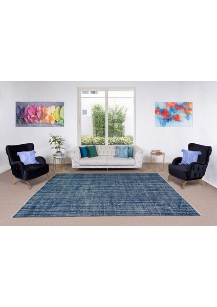 210 x 324 cm Modern Maviye Yeniden Boyanmış El Yapımı Yünlü Halı, El Dokuması Eski Türk Halısı