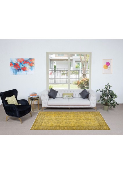 153 x 260 cm Sarı Modern El Düğümlü Halı, Yenilenmiş El Dokuma Halı