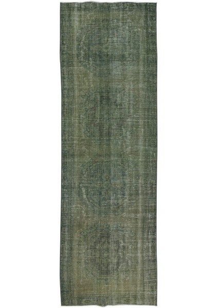 123 x 355 cm Yeşil'e Yeniden Boyanmış Koridor Halısı, El Yapımı Eski Yolluk Halı