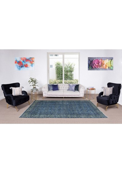 167 x 300 cm El Dokuması Boyanmış Eski Anadolu Halısı, Modern Mavi El Yapımı Yünlü Halı