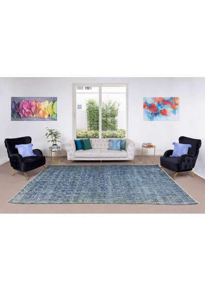 215 x 320 cm Modern Maviye Yeniden Boyanmış El Yapımı Yünlü Halı, El Dokuması Eski Türk Halısı