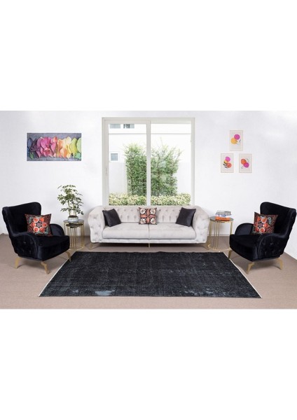 180 x 292 cm El Dokuması Yeniden Boyanmış Eski Türk Halısı, Modern Siyah El Yapımı Yünlü Halı