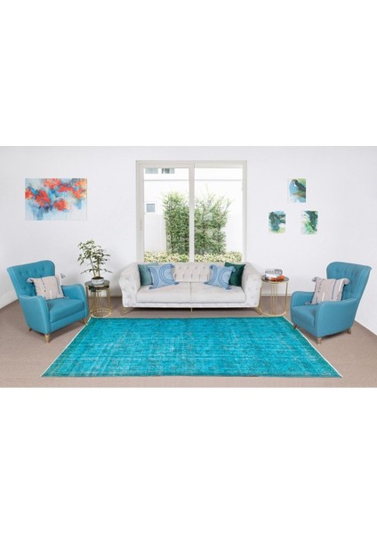 200 x 312 cm Modern Maviye Yeniden Boyanmış El Yapımı Yünlü Halı, El Dokuması Eski Türk Halısı