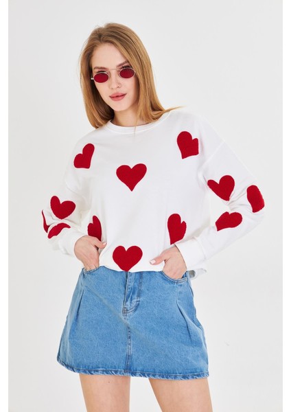 Havlu Kalp Baskılı İki İplik Sweatshirt