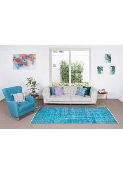 140 x 250 cm El Dokuması Yeniden Boyanmış Eski Türk Halısı, Modern Mavi El Yapımı Yünlü Halı