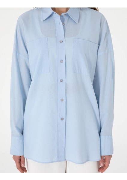 Kadın Mavi Oversize Keten Karışımlı Uzun Kollu Gömlek 50313128-VR249