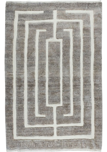 183 x 275 cm El Dokuması Tülü Halı, El Yapımı Bej ve Gri Geometrik Halı, Yün, Oturma Odası Halısı