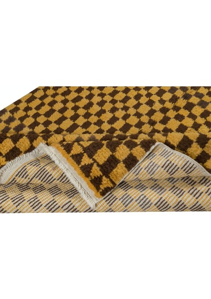 150 x 252 cm El Dokuması Tülü Halı, El Yapımı Damalı Yüksek Tüylü Hardal & Kahverengi Halı, Yün fiyatları