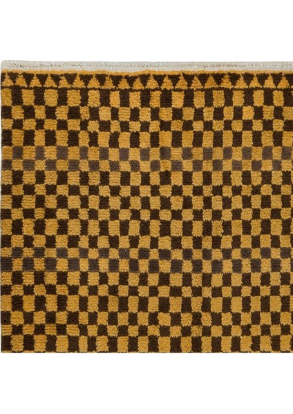 150 x 252 cm El Dokuması Tülü Halı, El Yapımı Damalı Yüksek Tüylü Hardal & Kahverengi Halı, Yün modelleri