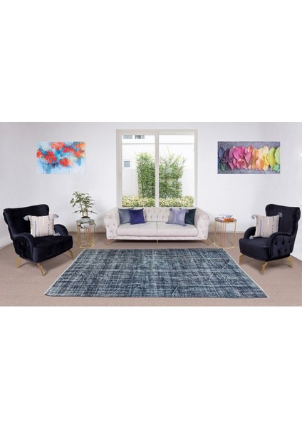 178 x 285 cm Mavi Tonlarda Yünlü ve Pamuklu Halı, Modern El Dokuması Boyanmış Eski Türk Halısı