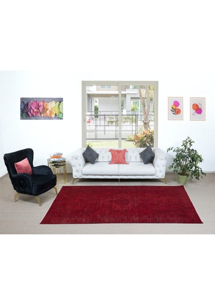185 x 296 cm , Yenilenmiş Kırmızı El Yapımı Halı, Modern Yün ve Pamuktan Yapılmış Eski Halı