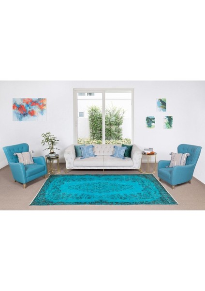 178 x 297 cm Mavi Tonlarda Yünlü ve Pamuklu Halı, Modern El Dokuması Boyanmış Eski Türk Halısı