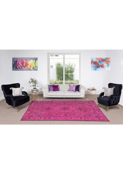 180 x 300 cm Pembe Renkli Yünlü Halı, Modern El Dokuması Yeniden Boyanmış Eski Türk Halısı