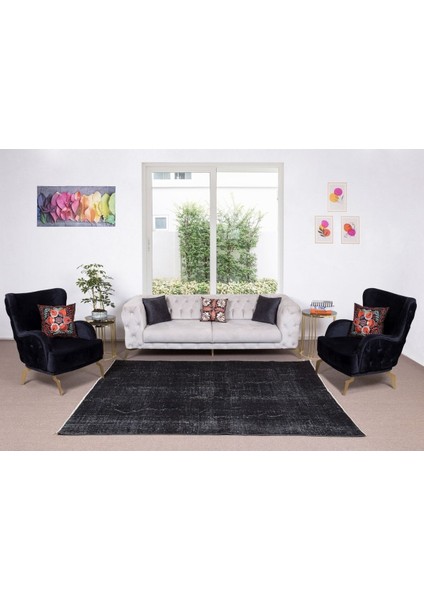 206 x 255 cm El Dokuması Yeniden Boyanmış Eski Türk Halısı, Modern Siyah El Yapımı Yünlü Halı
