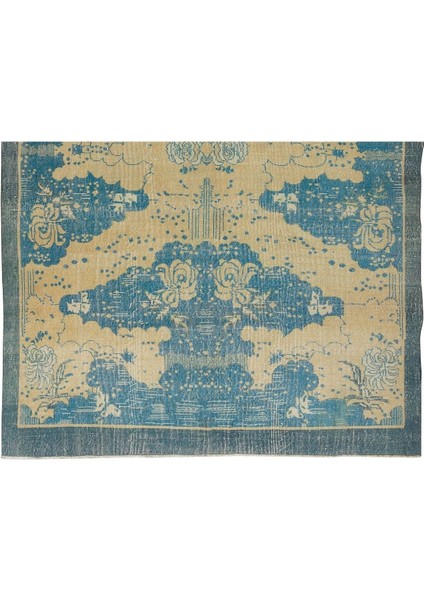 214 x 310 cm Modern Maviye Yeniden Boyanmış El Yapımı Yünlü Halı, El Dokuması Eski Türk Halısı indirimleri