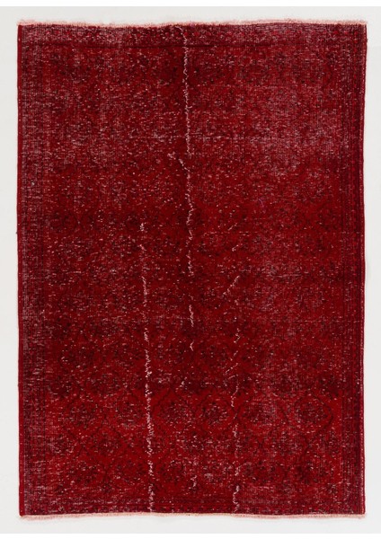 (142 x 200 cm ) Kırmızı Renkli Hafif Çiçek Desenli El Dokuması Anadolu Halısı, Yeniden Boyanmış Halı