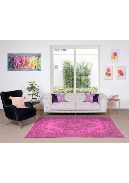 170 x 251 cm El Dokuması Yeniden Boyanmış Eski Türk Halısı, Modern Pembe El Yapımı Yünlü Halı