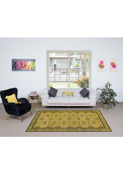 164 x 274 cm El Dokuma Modern Halı, El Düğümlü Sarı Yenilenmiş Türk Halısı