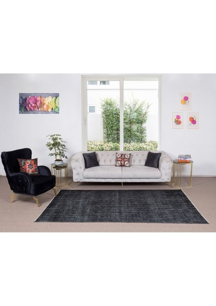 170 x 277 cm El Dokuması Yeniden Boyanmış Eski Türk Halısı, Modern Siyah El Yapımı Yünlü Halı