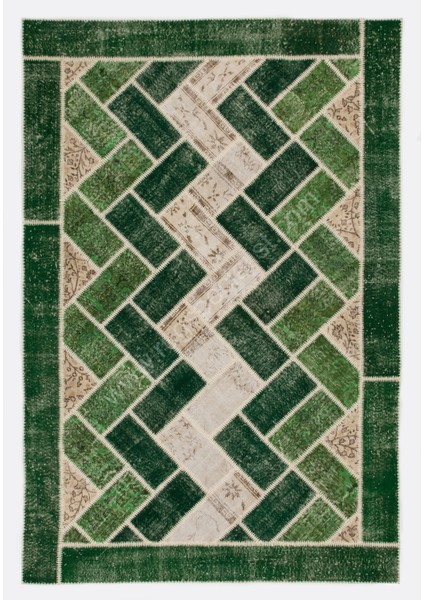 196 x 294 cm Yeşil Tonlarda El Dokuması Modern Patchwork, Geometrik Desenli Patchwork
