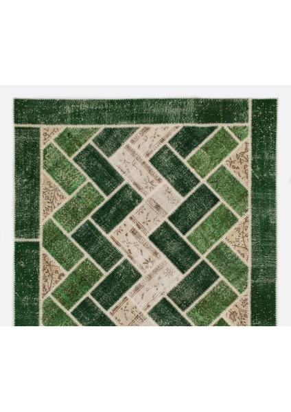 196 x 294 cm Yeşil Tonlarda El Dokuması Modern Patchwork, Geometrik Desenli Patchwork