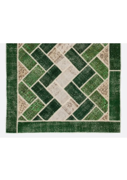 196 x 294 cm Yeşil Tonlarda El Dokuması Modern Patchwork, Geometrik Desenli Patchwork