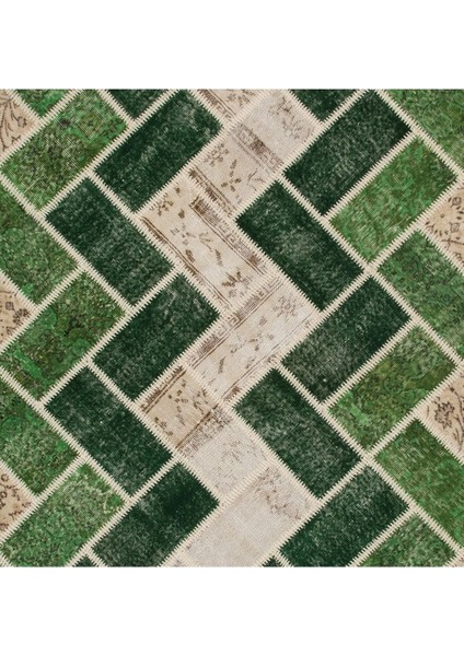 196 x 294 cm Yeşil Tonlarda El Dokuması Modern Patchwork, Geometrik Desenli Patchwork