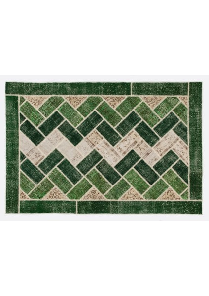 196 x 294 cm Yeşil Tonlarda El Dokuması Modern Patchwork, Geometrik Desenli Patchwork