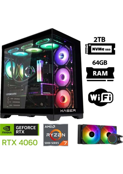 Sword X32 Pro Ryzen 7 5700X 64GB Ram 2tb M.2 Nvme SSD 8gb RTX4060 Sıvı Soğutmalı Oyuncu Bilgisayarı
