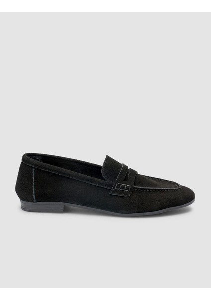 %100 Hakiki Deri Siyah Süet Kadın Loafer