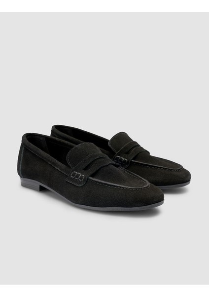 %100 Hakiki Deri Siyah Süet Kadın Loafer