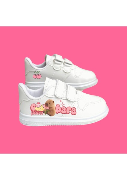 Capy Capy Bara Baskılı Beyaz Bantlı Çocuk Spor Ayakkabı Sneaker