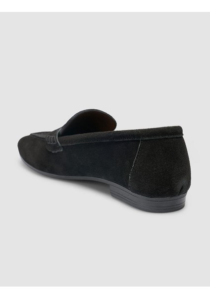 %100 Hakiki Deri Siyah Süet Kadın Loafer
