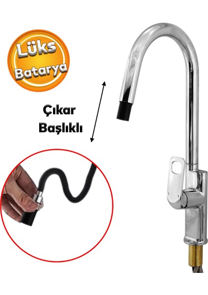 Spiral Hortumlu Bella Çıkar Başlıklı Eyve Su Çeşme Banyo Lavabo Mutfak Musluğu Krom Bataryası