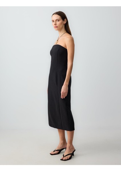 Siyah Dar Kesim Straplez Desenli Dokuma Midi Elbise fiyatları