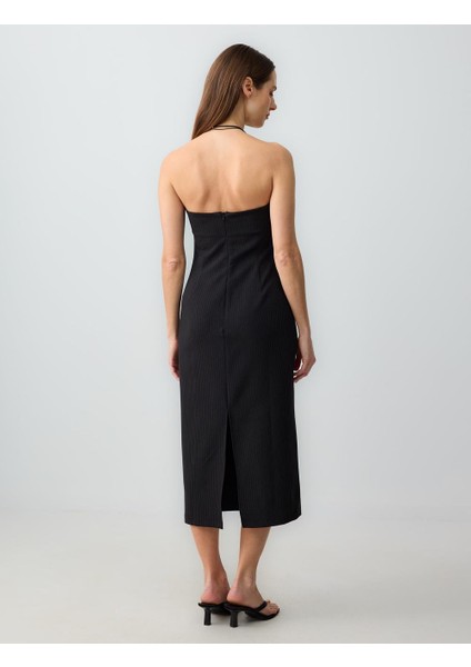 Siyah Dar Kesim Straplez Desenli Dokuma Midi Elbise indirimleri