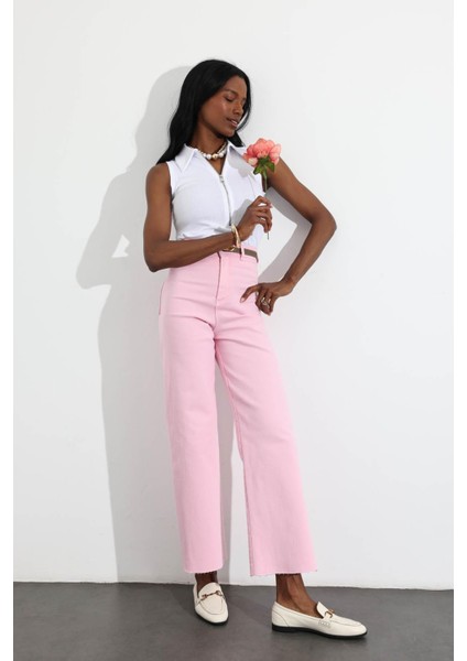 Pembe Yüksek Bel Kesik Paça Wide Leg Jean